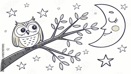 a whimsical illustration featuring an owl perched on a branch with a smiling crescent moon and sparkling stars silhouette