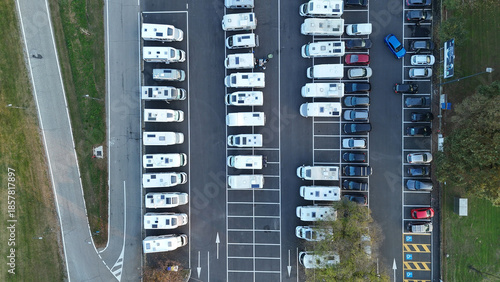 Aerial view highlighting numerous RVs and campers parked at the dedicated facility  