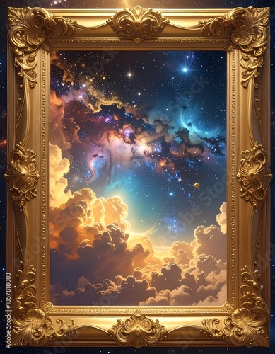 Ornate golden frame showcases cosmic clouds and stars against a dark background