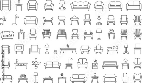 Line art illustrations of furniture people and various household objects

