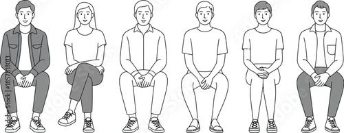 A row of six people sitting with varied clothing and hairstyles shown

