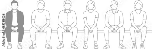 A vector row of six people sitting with varied clothing and hairstyles shown
