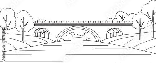 Line Art Illustration of Arched Bridge Over River with Trees and Hillsides