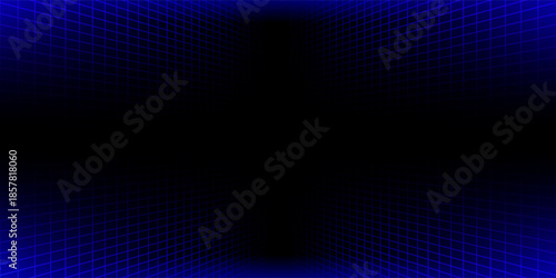 Blue glowing neon wireframe background. Shining vertical grid planes in perspective. Retro futuristic depth wallpaper. Arcade game sci fi diagonal matrix surface backdrop for poster, banner. Vector