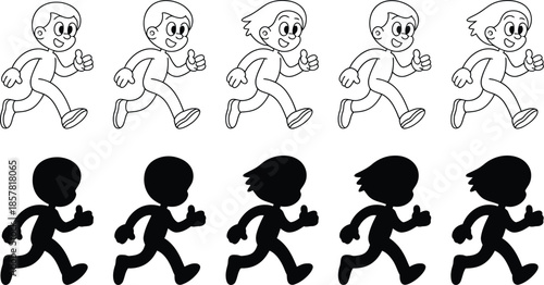 Illustration of cartoon boys running in sequential poses both outlined and silhouetted