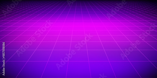 Glowing neon wireframe background. Purple shining checkered grid planes in perspective. Bright retro futuristic horizon wallpaper. Arcade game sci fi matrix surface. Vector backdrop for poster, banner