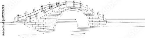 Line Art Illustration of a Traditional Stone Arch Bridge Over Water