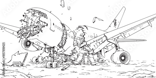 Illustration of a destroyed aircraft wreckage scattered on the ground