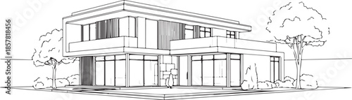 Modern Two-Story House Line Art Illustration with Landscape and Large Windows