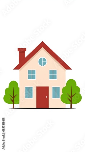 Simple flat design house illustration with red roof, door, and trees on each side