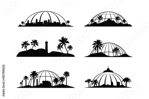 Tropical Island Resort Dome and Palm Tree Silhouettes