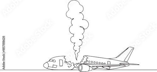 Line Art Illustration of a Damaged Airplane Wreckage with Smoke