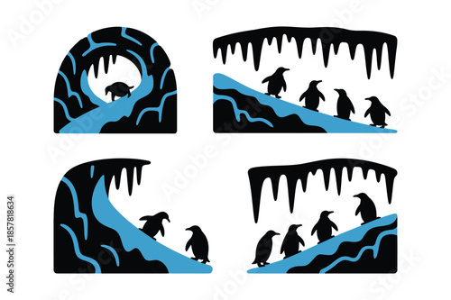 Penguin Silhouettes in Ice Caves and Arctic Glaciers