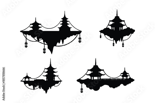 Floating Island Japanese Pagoda Temple Silhouettes
