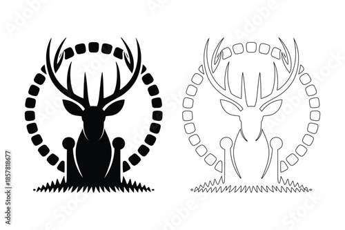 Stag Deer Head and Antler Silhouette in Circle Frame