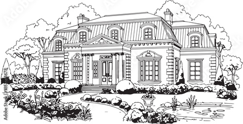 Detailed Line Art of a Grand Manor House with Landscaped Garden