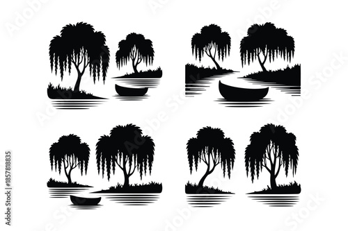 Willow Tree Landscape Silhouettes with Small Boat