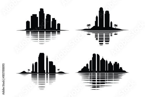 Urban City Skyline Silhouette with Water Reflection