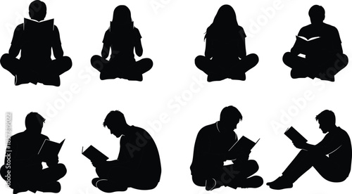 Collection of Silhouettes of Men and Women Sitting and Reading Books in Various Poses for Education and Literature Design Concepts