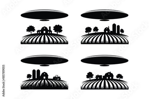 Alien UFO Spaceship Flying Over Rural Farm Fields and Barn Silhouette