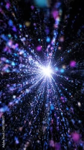 Abstract cosmic light particles flowing through space with vibrant colors and energy.