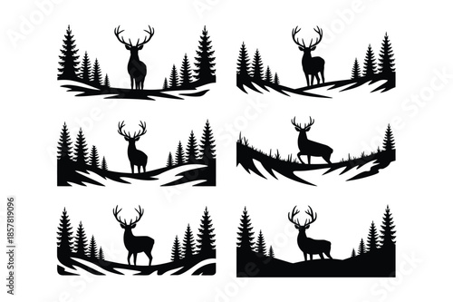 Majestic Buck Deer Silhouette in Pine Forest Wilderness Landscape