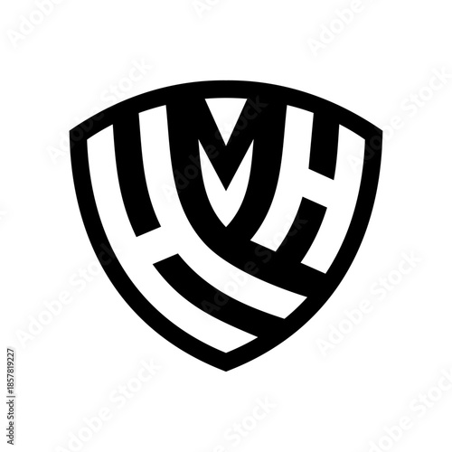 A close-up view of a black and white shield logo with abstract lines on a plain background