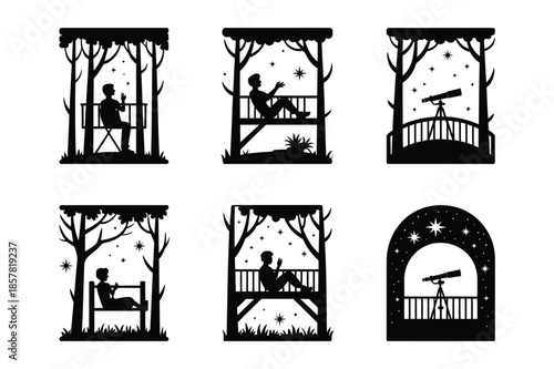 People Stargazing with Telescope on Balcony Night Sky Silhouette