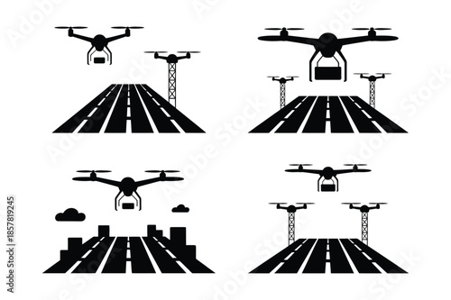 Technology Delivery Drones Flying Over City Roads and Highway Icon