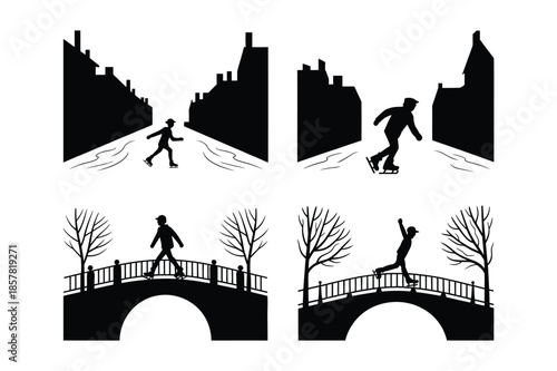 People Ice Skating on Frozen City Canal Under Bridge Silhouette