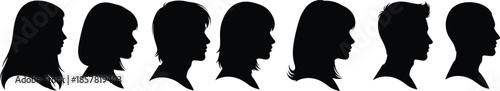 Human profile silhouette set showing diverse male and female head shapes, minimal black illustration for identity, psychology, avatar, and social concept