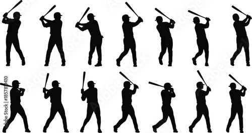 Silhouette baseball players swinging bats in different batting poses, showcasing professional baseball action, athletic movement, sports training, and competitive game performance