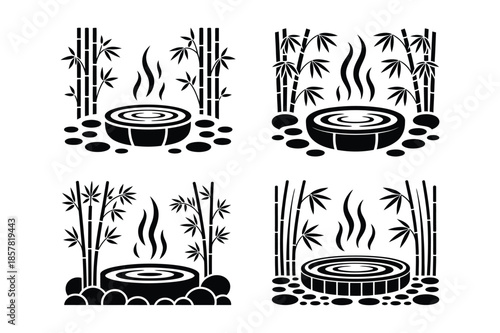 Japanese Onsen Hot Spring with Bamboo Forest Silhouette Vector
