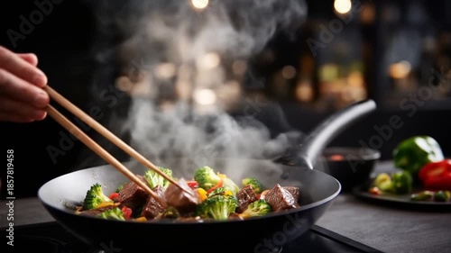 Cooking process of a meal with vegetables and meat with smoke