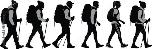 Silhouette hikers with backpacks and trekking poles walking together, representing outdoor adventure, hiking travel lifestyle, endurance fitness, and group exploration