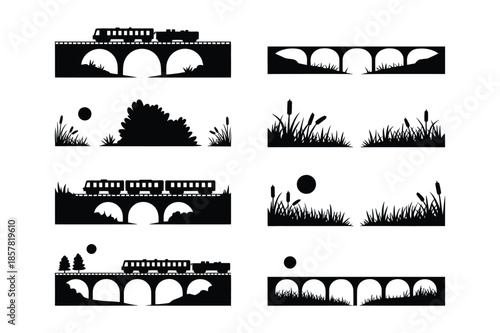 Train Crossing Arched Stone Bridges at Sunset with Reeds