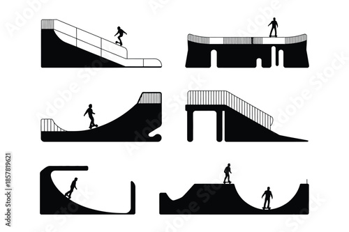 Skatepark Ramps and Halfpipes with Skateboarder Silhouettes