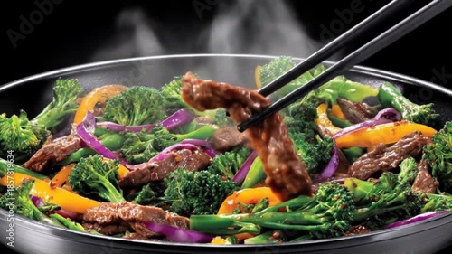 Cooking stir fry dish with vegetables and meat hot food photography