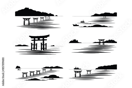 Japanese Torii Gates in Sea with Mountains and Boat Silhouettes