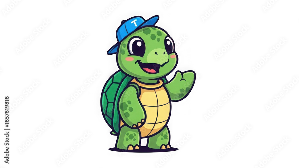 Obraz premium Happy cartoon turtle wearing blue baseball cap waving enthusiastically
