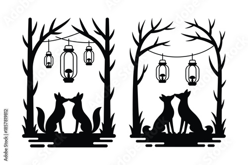Two Foxes under Hanging Lanterns in Forest Silhouette Icons