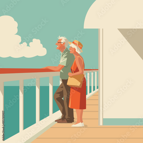 Senior couple in love enjoying a romantic cruise ship deck view and relaxing on a trip while looking at the ocean. Luxury vacation journey for travel, leisure and a happy retirement holiday