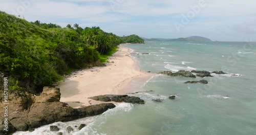 Wallpaper Mural Drone view of beach with ocean waves crashing on rocks and sands. Santa Fe, Tablas, Romblon. Philippines. Torontodigital.ca
