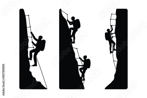 Silhouette Set of Rock Climbers Ascending Steep Mountain Peaks