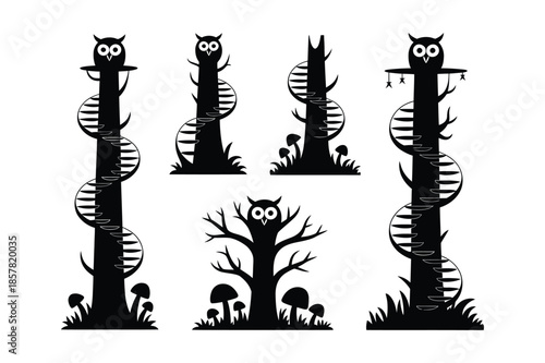 Whimsical Tree Silhouettes with Spiral Stairs and Wise Owls