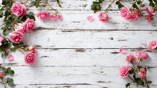 Pink roses framing a rustic white wood background, great for wedding announcements