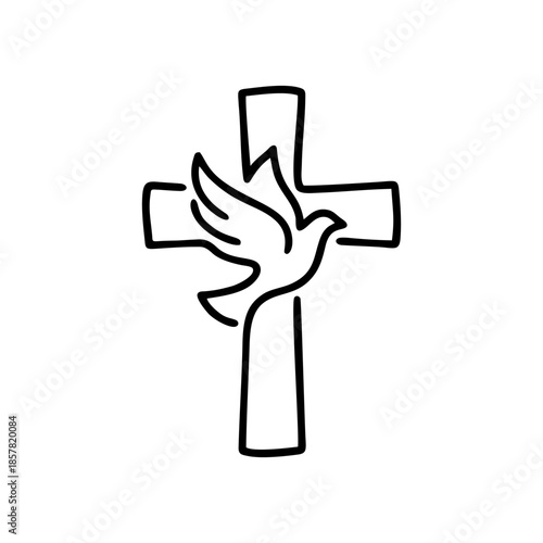 Outline drawing of a Christian cross with a dove flying in front of it, symbolizing peace and the Holy Spirit.