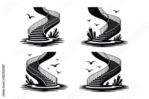 Fantasy Spiral Staircase Silhouettes Rising from Water