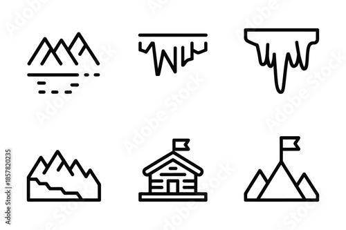 Minimalist mountain landscape and hiking cabin line icon set