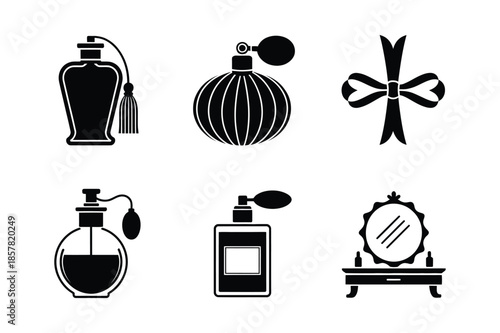 Elegant vintage perfume bottles and vanity mirror silhouette icons